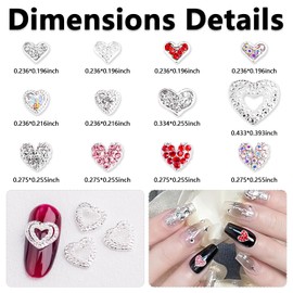 JERCLITY 36 Pieces Silver Alloy Love Heart Nail Charms Love Heart Nail Gems and Charms Silver Nail Charms Love Heart Nail Studs Inlaid Rhinestone Pearls for Women Girls Valentine's Day Nail Art