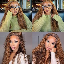 Weeybay 34 Inch Deep Wave Real Hair Wig Curls Highlight Wig Human Hair T Part 4 x 1 Lace Wig Real Hair Women Remy Long 150% Density Grade 8A Real Hair Wig 150% Density P430 Colour