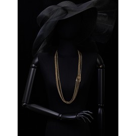 Long Layered Necklace, Multi-Strand Gold Black Chains, Statement Necklace with Ring Charms(CA)