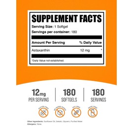 BulkSupplements.com Astaxanthin 12mg Softgels - Astaxanthin Supplements, Antioxidant Source - Gluten Free, 1 Softgel per Serving, 180 Count (Pack of 1)
