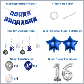 Pargleev 16th Birthday Decorations for Boys Girls,16in Number 16 Birthday Foil Balloons with Swirl Decorations Happy Birthday Banner and Star Foil Balloons 12PCS Confetii and Latex Balloons Silver