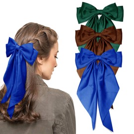 Large Hair Bows for Women 3Pcs Satin Hair Ribbon Bow Hair Clips with Long Tails Vintage Hair Accessories(Sapphire Blue,Dark Green,Coffee)