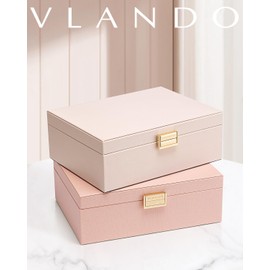 Vlando Jewelry Box, 2 Layers, Large Capacity, Removable, Clock, Necklace, Earrings, Ring, Bracelet, Women, Present, Birthday, Gift (Apricot Pink-plus)