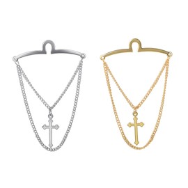 RunootPR Men's Silver Gold Tie Chain Set Cross 2Pcs Chain Necktie Chains Business Wedding Jewelry Gift, 6.3cm, Brass, No Gemstone