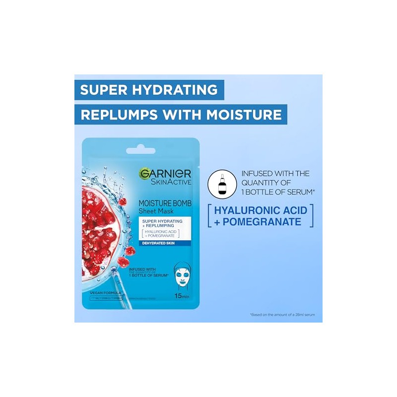 Garnier Moisture Bomb Pomegranate and Hyaluronic Acid Sheet Mask, Super