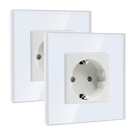 BSEED Schuko Socket, Single Socket, 1-Way Crystal Glass Panel Socket, 16 A Glass Socket, 86 mm Extension Sockets, Wall Socket, White (Pack of 2)