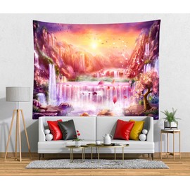 Loccor 5x4ft Fabric Waterfall Tapestry Backdrop Fantasy Pink Spring Nature Landscape Small Wall Hanging Scenic Picture for Kids Adults Teen Living Room Bedroom Dorm Office Wall Art Decor