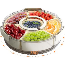 AYauGamA Divided Serving Tray with Lid and Handle, Portable Snackle Box Container for Fruits Snacks Charcuterie Organizer, Spinning Rounded Veggie Tray for Kitchen, Party, Travel and Picnic