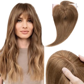 Elailite Hair Topper Extensions Women Toupee with Bang 100% Remy Real Hair 7 x 13 cm Base Clip in Hair Thickening #06 Light Brown - 25 cm