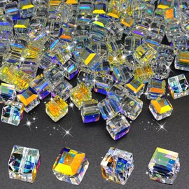 YINGLUBEN 95PCS Crystal Glass Cube Beads for Jewelry Making, Crystal AB Color 8mm Round Faceted Square Sparkling Glass Beads Bulk for Craft Necklace Bracelet Earring(ClearAB)