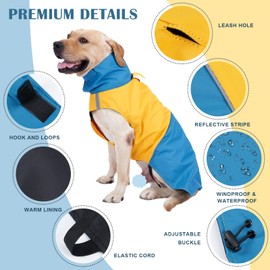 ROZKITCH Dog Jacket Waterproof Dog Raincoat with Harness Opening & Reflective Strip for Small Medium Large Dog, Windproof Adjustable Rainwear with Hook&Loop Closure, Pet Vest Blue-Yellow XXS