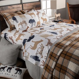 Rod's Western Trail Ride (Sheet Set)-4 Piece Queen Sheet Set-Plaid Horse- Blue Brown Tan Rust -Top Sheet(92x102)-Fitted Sheet (60x80x15in) Two Standard Pillow Cases (20x30in)-Cotton
