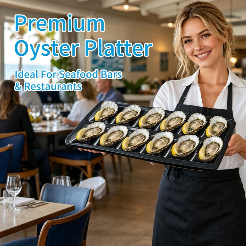 Oyster Tray, 12 Cavities Black Oyster Serving Platter, Stackable Shatterproof