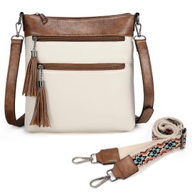 UTO Crossbody Bag for Women Rectangle Double Removable Shoulder Straps National Style Tassel Zippers Pockets White & Brown