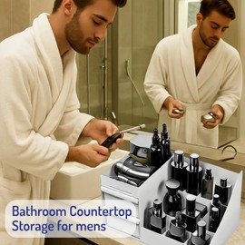 SEOSI Cologne Organizer for Men,Bathroom Organizers Shaving Tools Men,Perfume Stand with Drawer,Dresser Organizer Countertop for Men's Bedroom Essentials (White, 17.5 x 12.5 x 28.5 cm)