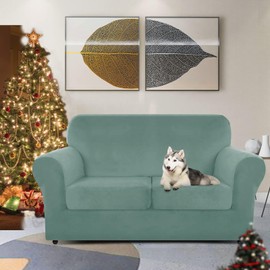 ZNSAYOTX Luxury Velvet Sofa Cover 3 Piece (57"-70") Stretch Loveseat Covers for 2 Cushion Couch Thick Soft Couch Slipcover with Non Slip Strap, Dog Pet Friendly Nice Furniture Protector (Pea Green)