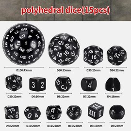 CiaraQ DND Polyhedral Dice Set (15pcs) D3-D100 Game Dice with Dice Bag for Dungeons and Dragons Role Playing Table Games (Black & White)
