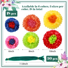 18 Pcs Colorful Fiesta Tissue Paper Flowers with 30 Pcs Green Pipe Cleaners Mexican Carnival Tissue Paper Flowers Chenille Stems Floral for Fiesta Party Baby Shower Wedding Birthday Party (Elegant)