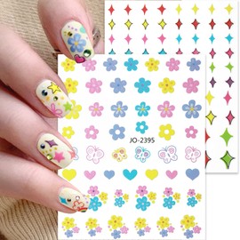 Cute Nail Art Stickers Decals, 3D Flower Butterfly Love Heart Stars Nail Self-Adhesive Sticker Designs, Macaron Colors Nail Transfer Decal for Women Girls Kids Decorations, Acrylic Nails Supplies
