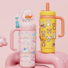 comobebe 【COMOBEBE】24oz Stainless Steel Whale Fountain Tumbler – Adorable Pattern Designs, Spill-Proof, Dual Lids, Dishwasher Safe, Perfect for Kids & Adults - Color: Pink+ direct-drink straw tip
