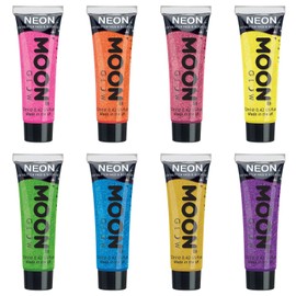 Moon Glow, Neon UV Glitter Gel for Face and Body Glows Bright Under UV Radiation (12ml (Pack of 8))