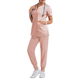 Meichoon Scrubs Set Split Crew Neck Top with 4 Pockets Stretch Fit Jogging Bottoms Medical Uniform Dental Grooming Pet DK07, pink