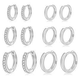 S925 Sterling Silver Stud Earrings, Silver Hoops Earrings for Women with Silver Stud Earrings Set 4/6/8 Pairs Small Cartilage Huggie Earring Star Moon Ball Heart CZ Studs