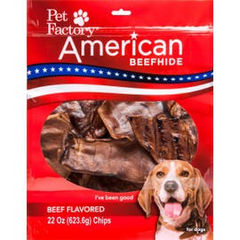 Pet Factory American Beefhide Chews 28362 Rawhide Beef Flavored Chips for Dogs. American Beefhide is a Great Natural Source for Protein and Assists in Dental Health. Large 22 Ounce Resealable Package