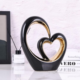 oliruim Ceramic Heart Decor, Love Statue, Black Gold Double Hearts Sculptures for Home Table Decoration, Valentine's Day, Wedding, Decorative Items for Shelves, Coffee Table Decoration (S, Heart,