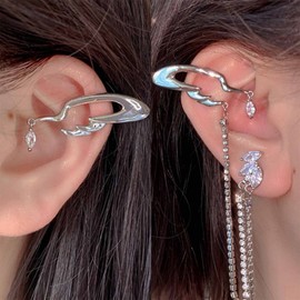 Allereyae Vintage Crystal Elf Ear Cuff Earrings Rhinestone Elf Cartilage Earrings Silver Cz Elven Clip On Cuff Earrings Long Chain Tassel Earrings Jewelry for Women