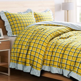NTBAY Washed Cotton King (104"x90") Ruffled Duvet Cover Set, 3 Pieces (1 Duvet Cover + 2 Pillow Shams) Ultra Soft and Breathable Comforter Cover Set with Zipper Closure, Mustard Yellow Plaid