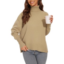 BERESIA Women's Turtleneck Sweater Long Sleeve Casual Ribbed Pullover 2024 Fall Winter Loose Knit Jumper Top, Khaki, XL