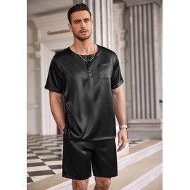 Ekouaer Men Satin Pajamas Set 2 Piece Silk Sleepwear Shorts Button Down Tops Loungewear with Pockets Black