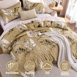 DJY 3-Piece Double Size Duvet Cover Set - Reversible Lightweight Botanical Bedding Set, Brown Floral Botanical Pattern with Hidden Zipper (Brown, 200x200cm)