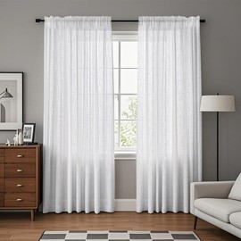 NAKIHOUSE Linen Voile Curtain, 2 Panels White Net Curtains for Windows 63 Drop, Farmhouse Linen Textured Look Semi Sheer Curtains, Light Filtering Slot Top Window Drapes for Living Room, Bedroom