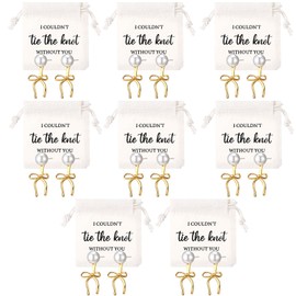 Tondiamo 8 Sets Bridesmaids Gifts Pearl Jewelry Knot Pearl Earrings and Linen Cotton Small Drawstring Bags Wedding Bridesmaids Gifts I Couldn't Tie the Knot Without You(Cute)
