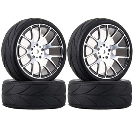 KINGCOO RC Car Tyres and Wheels Set, 4 Pieces 64 mm Rubber Tyres and 7Y Shape Aluminium Alloy Metal Rims Wheel 12 mm Hex for 1/10 RC On-Road Run-Flating Touring Racing Car Tyres (Black)