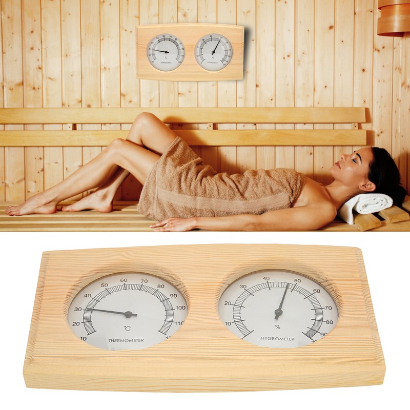 Wooden Thermometer Hygrometer for Sauna Room Double Dial Pointer Type