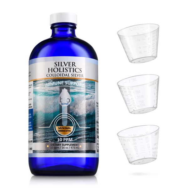 SILVER HOLISTICS Colloidal Silver Liquid 10PPM - Colloidal Silver Bottle with Measuring Cups - Silver Holistics Liquid for Children, Adults, & Pets - Silver Supplement for Immune Support (16 Oz.)