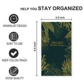 2025-2027 Mini Pocket Planner – July 2025 to June 2027, 3.5" x 6.5" Saddle-Stitched Monthly Calendar with Notes Pages – Compact Organizer for Purse, Office & Travel,Green Glod Leaf