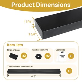 Hopumtan 6'6" Black Stainless Steel Handrail Rectangular Cable Railing Flat Handrail Metal Cable Railing System Top Rail for Deck Stair Indoor Outdoor HH01