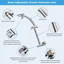 Hibbent All Metal 16'' Shower Head Extension Arm Solid Brass Angle Adjustable Shower Arm - Chrome