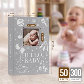 Lanpn Baby Photo Album 4x6 300 Pockets, Linen Newborn Bebe Ultrasound Photo Album with Memo Writing Area, Cover Photo Book, Picture Album for kids, Baby Boy Memory Book Keepsake Baby Shower Gift Grey