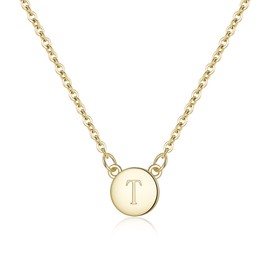 Brilove 925 Sterling Silver Initial T Necklace Double Side Round Dainty Tiny Dot Letter Alphabet Pendant Choker for Women 14K Gold-Toned