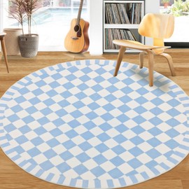 Lacomfy Checkered Rug Carpet 4Ft Round Buffalo Plaid Kids Bedroom Rug Circle Modern Living Room Rug Soft Nonslip Floor Mat Geometric Checkerboard Beside Rug for Home Dorm Decor, Blue