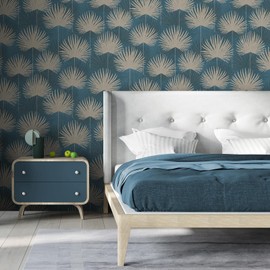 Calypso Tropical Leaf Birds Parrots Vinyl Metallic Wallpaper Blue/Gold World of Wallpaper AF0009