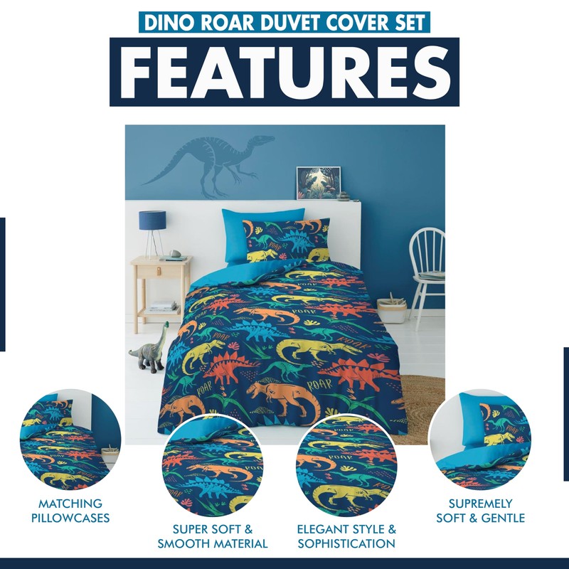 Lions Kids Dinosaur Bedding Set, Soft 100% Microfibre Polyester, Single