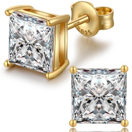 Square Stud Earrings Mens Earrings Gold Stud Men Diamond Earring S925 Sterling Silver Princess Cut Square Cubic Zirconia CZ Earring 6mm
