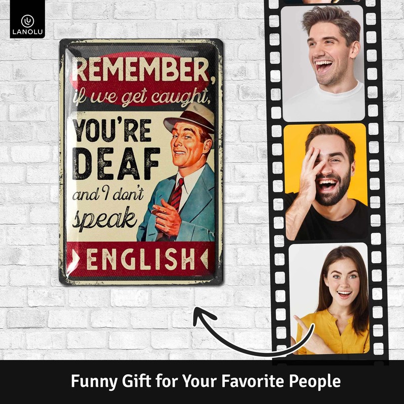 LANOLU Retro Tin Sign Remember Deaf English, Funny Signs with