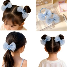 Children's Organza Ribbon, Hair Elastic, Hair Clip, Cute, Won't Damage Hair, Girls, Preschool Entrance Preparation, Birthday Gift, Set of 2 (Blue)